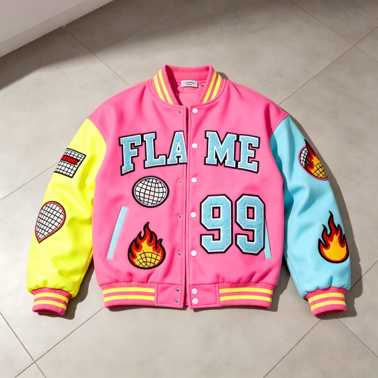 Power Punch Y2K Streetwear Letterman Jacket with Mismatched Sleeves & Chenille Patches