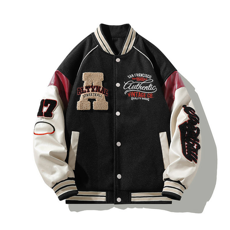 Power Punch Retro-Style Baseball Letterman Varsity Jacket with Embroidered Leather Sleeves