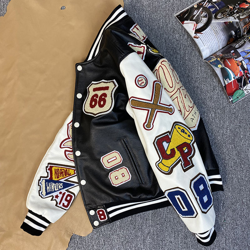 Power Punch Trendy Wool Baseball Bomber Varsity Jacket with Leather Sleeves & Letter Patches