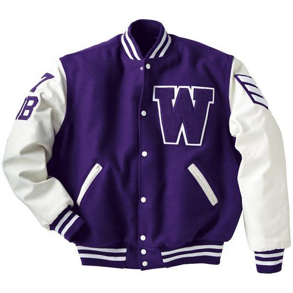 Power Punch Classic Wool & Leather Letterman Varsity Jacket with Embroidered Chenille Patches