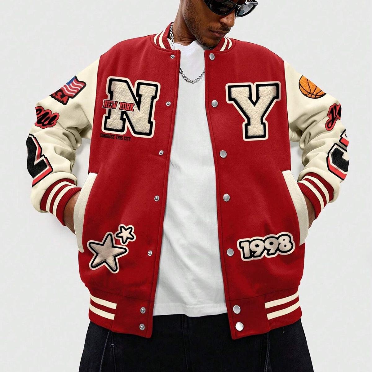 Power Punch Rainbow Spray Streetwear Color-Block Varsity Jacket with Embroidered Badges