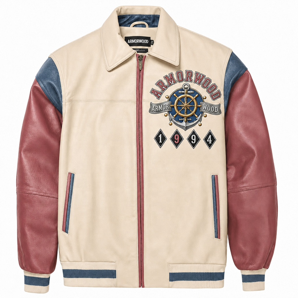 Power Punch Three-Tone Genuine Waxed Leather Varsity Jacket with Applique Patches