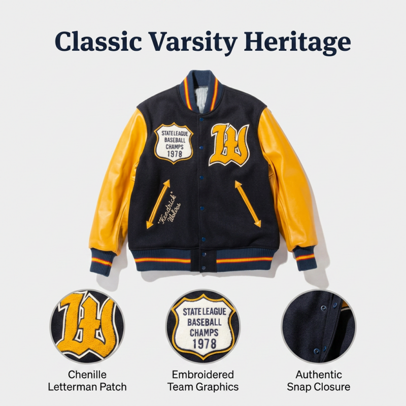 Power Punch Vintage Wool Blend Letterman Baseball Jacket with Chenille Crest Patches