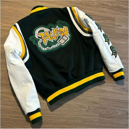 Power Punch Heritage Green Wool & Yellow Cow Leather Varsity Jacket with Custom Patches Angle 4