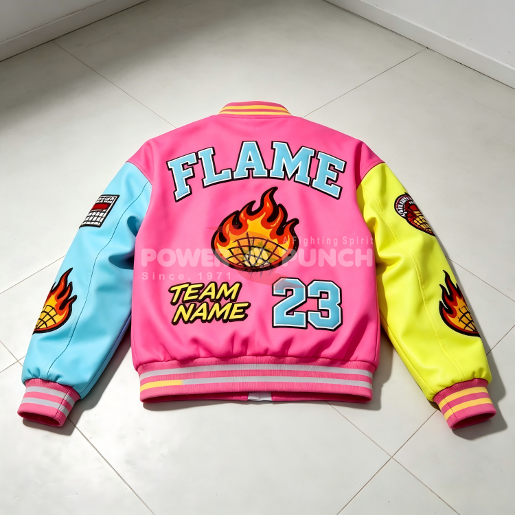 Power Punch Y2K Streetwear Letterman Jacket with Mismatched Sleeves & Chenille Patches Angle 2