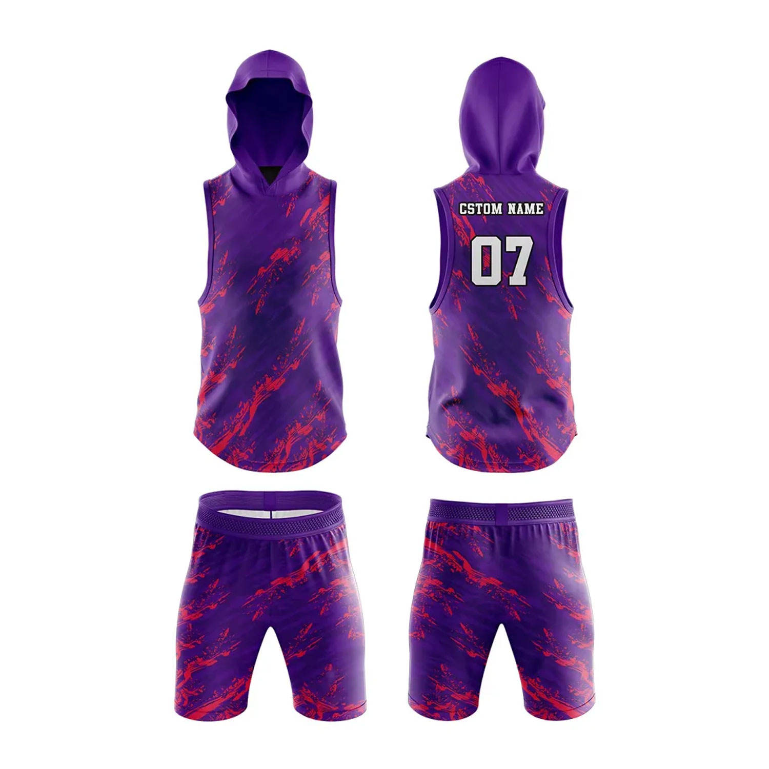 Power Punch Custom 7V7 Football Uniforms Purple Red Print Hooded Sleeveless Jersey With Number