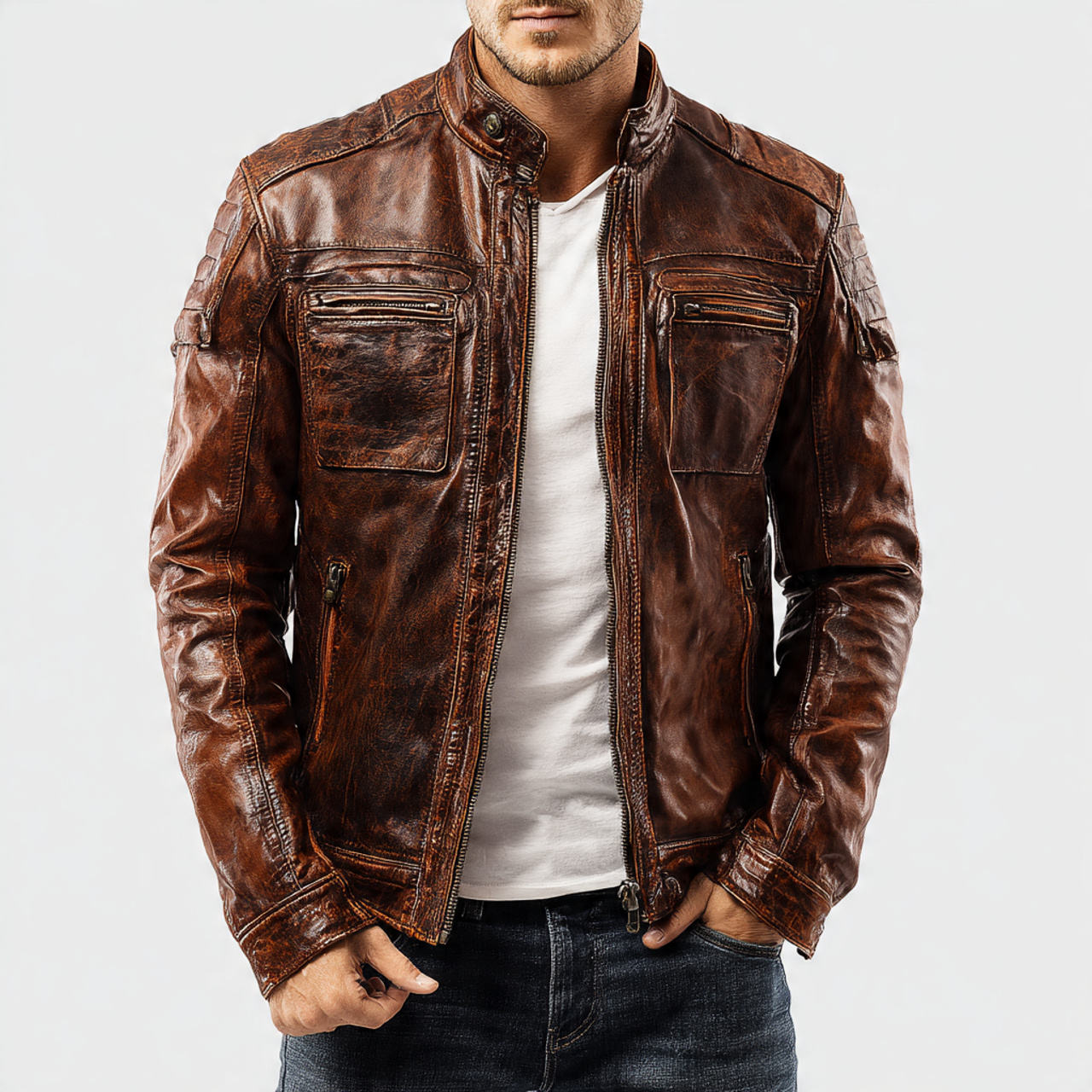 Power Punch Men's Leather Biker Jacket with Chest Pocket and Front Logo Stand Angle 5