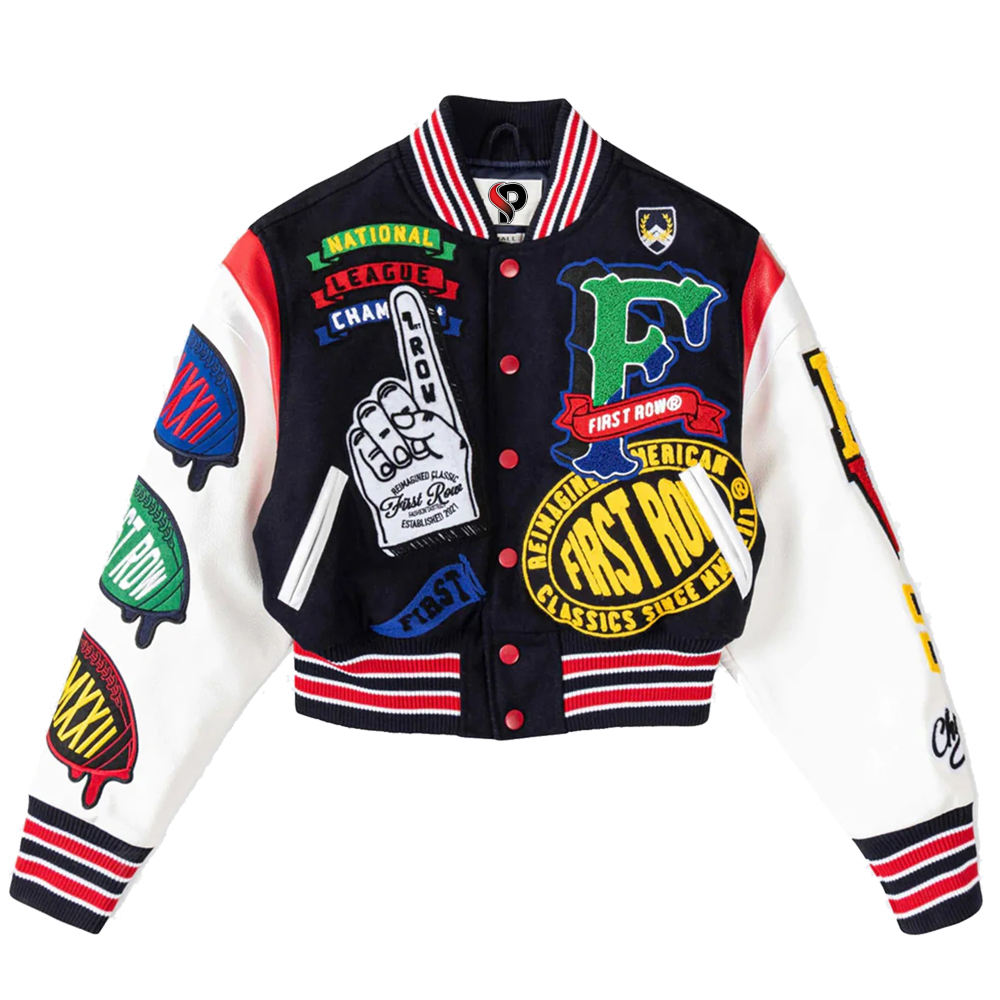 Power Punch Women's Cropped Varsity Jacket with Sheepskin Leather & Chenille Badges Angle 3