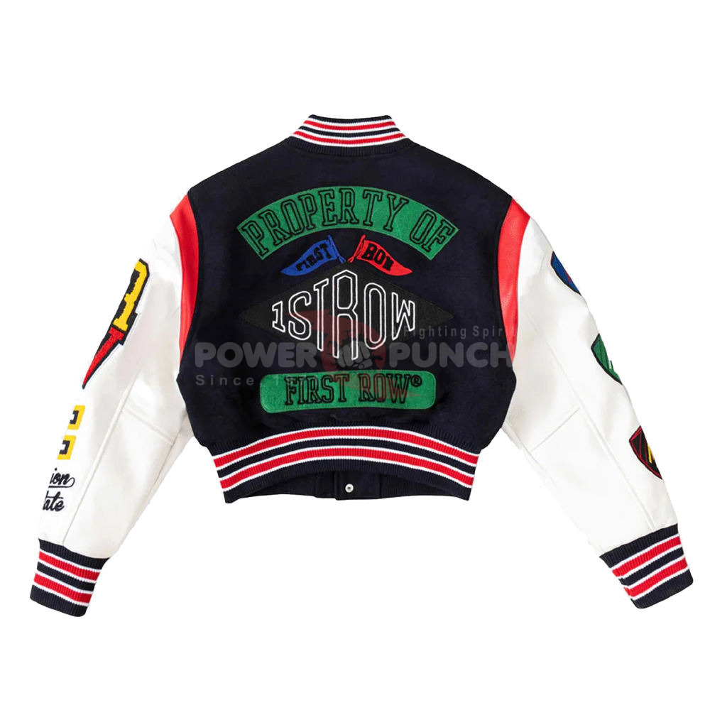 Power Punch Women's Cropped Varsity Jacket with Sheepskin Leather & Chenille Badges Angle 4