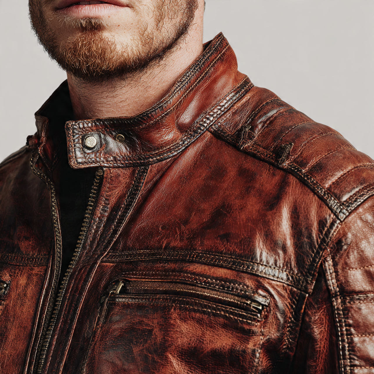 Power Punch Men's Leather Biker Jacket with Chest Pocket and Front Logo Stand Angle 3