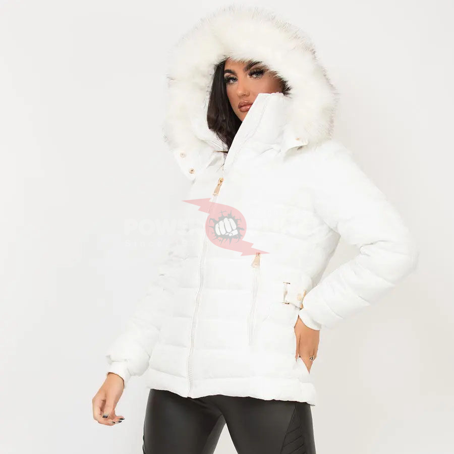 Power Punch High Demand Custom White OEM Women's Puffer Jacket Faux Fur Hood