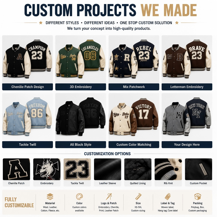 Power Punch Premium OEM/ODM Letterman Varsity Jacket with Full-Grain Leather Sleeves Angle 4
