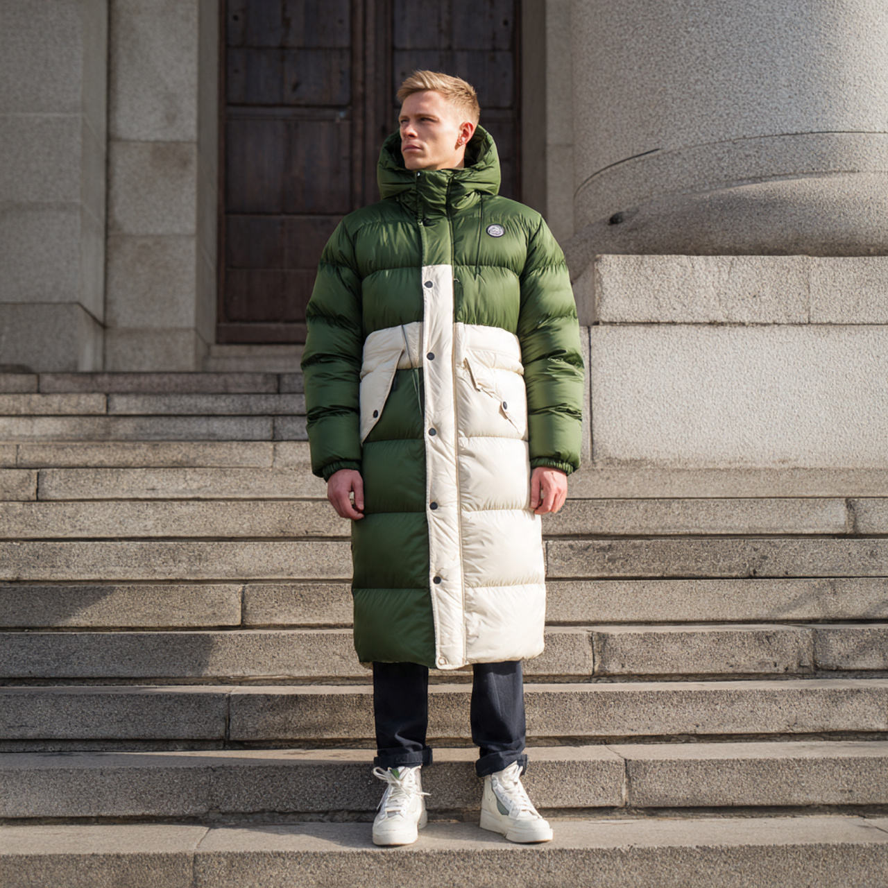 Power Punch Bubble Puffer Hooded Long Coat Jacket for Men Winter Warmth Windproof