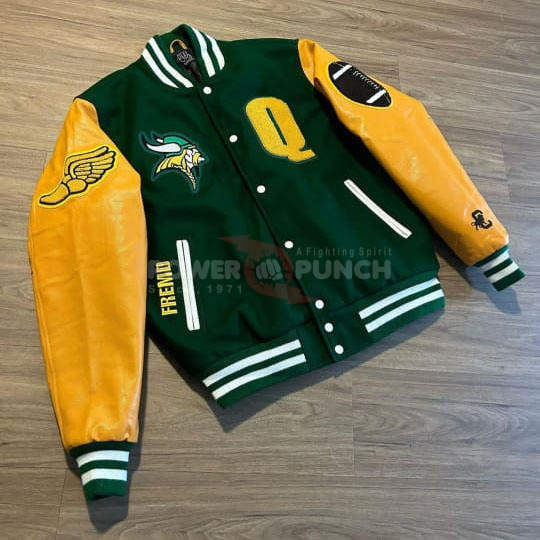 Power Punch Heritage Green Wool & Yellow Cow Leather Varsity Jacket with Custom Patches