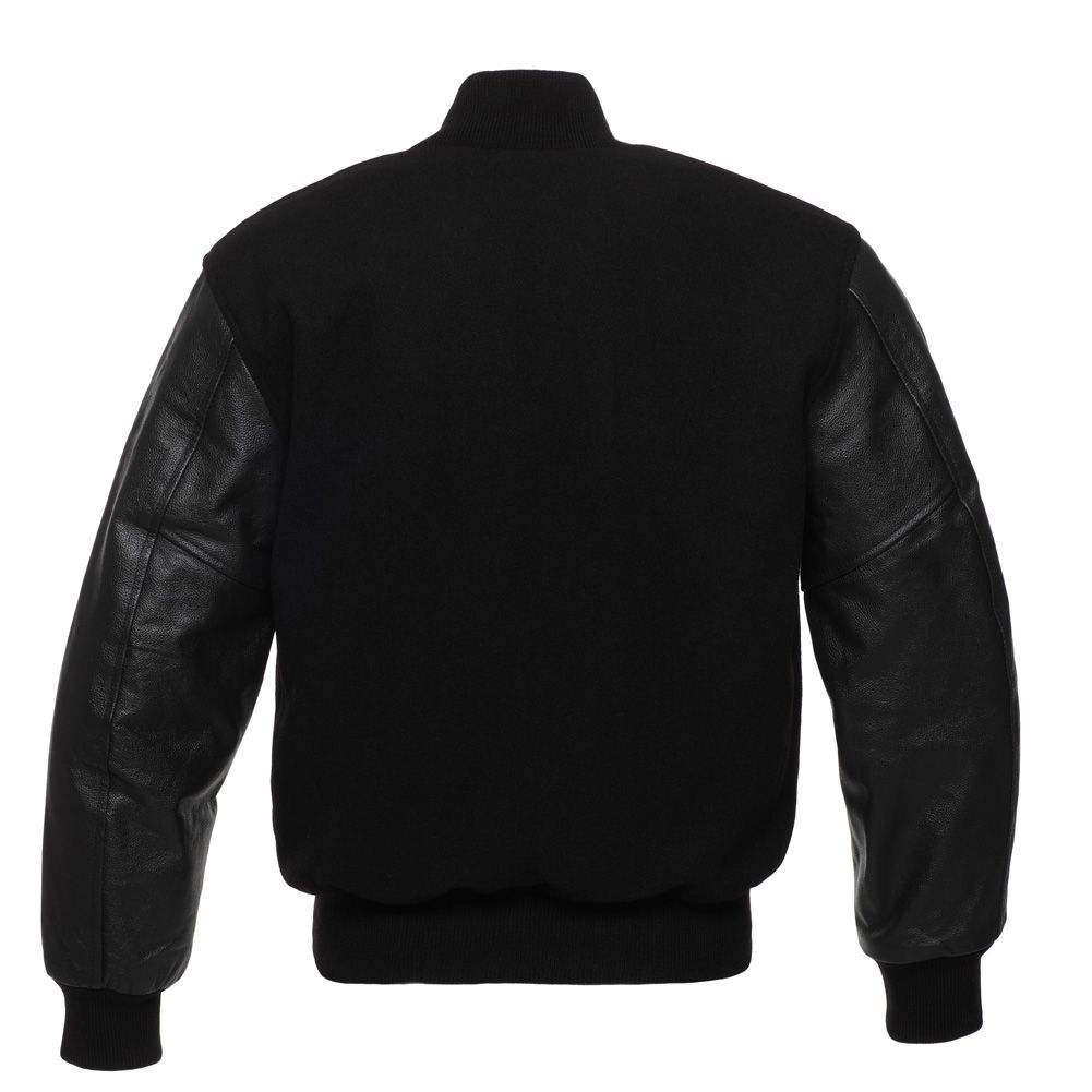 Power Punch Custom Luxury Black Leather Varsity Jacket for Men with Stand Collar Angle 2