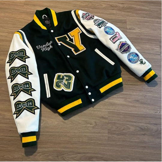 Power Punch Heritage Green Wool & Yellow Cow Leather Varsity Jacket with Custom Patches Angle 3
