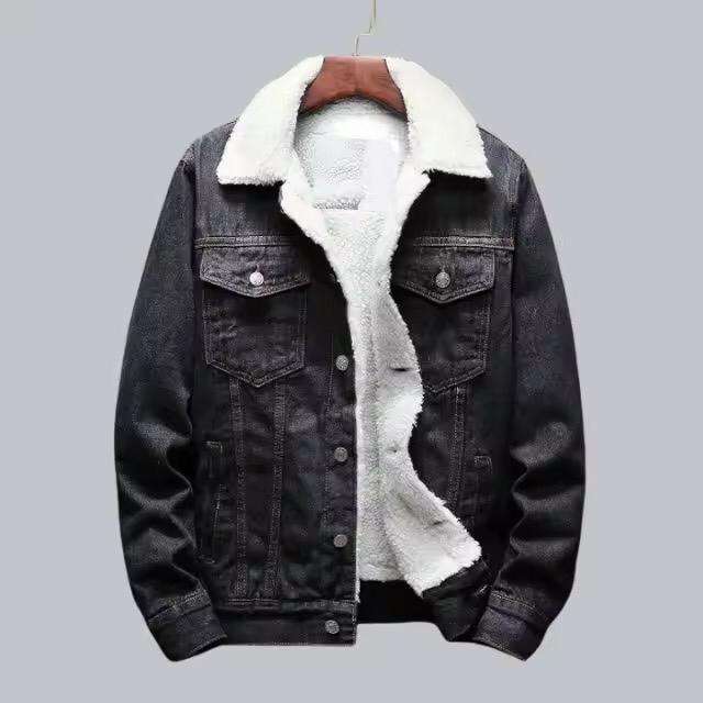 Power Punch Men's Vintage Style Velvet Lamb Wool Denim Jacket with Fur Inside Angle 2