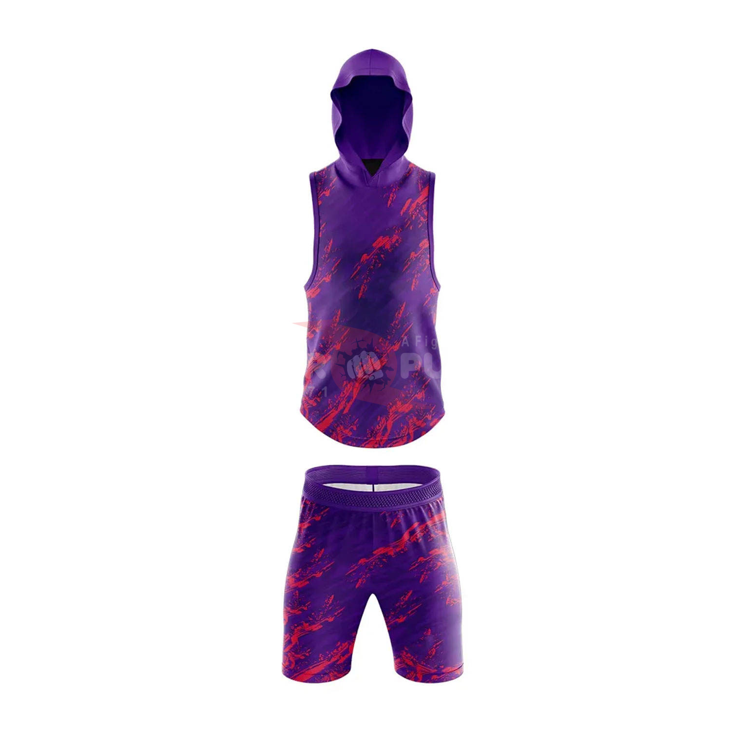 Power Punch Custom 7V7 Football Uniforms Purple Red Print Hooded Sleeveless Jersey With Number - Angle 2