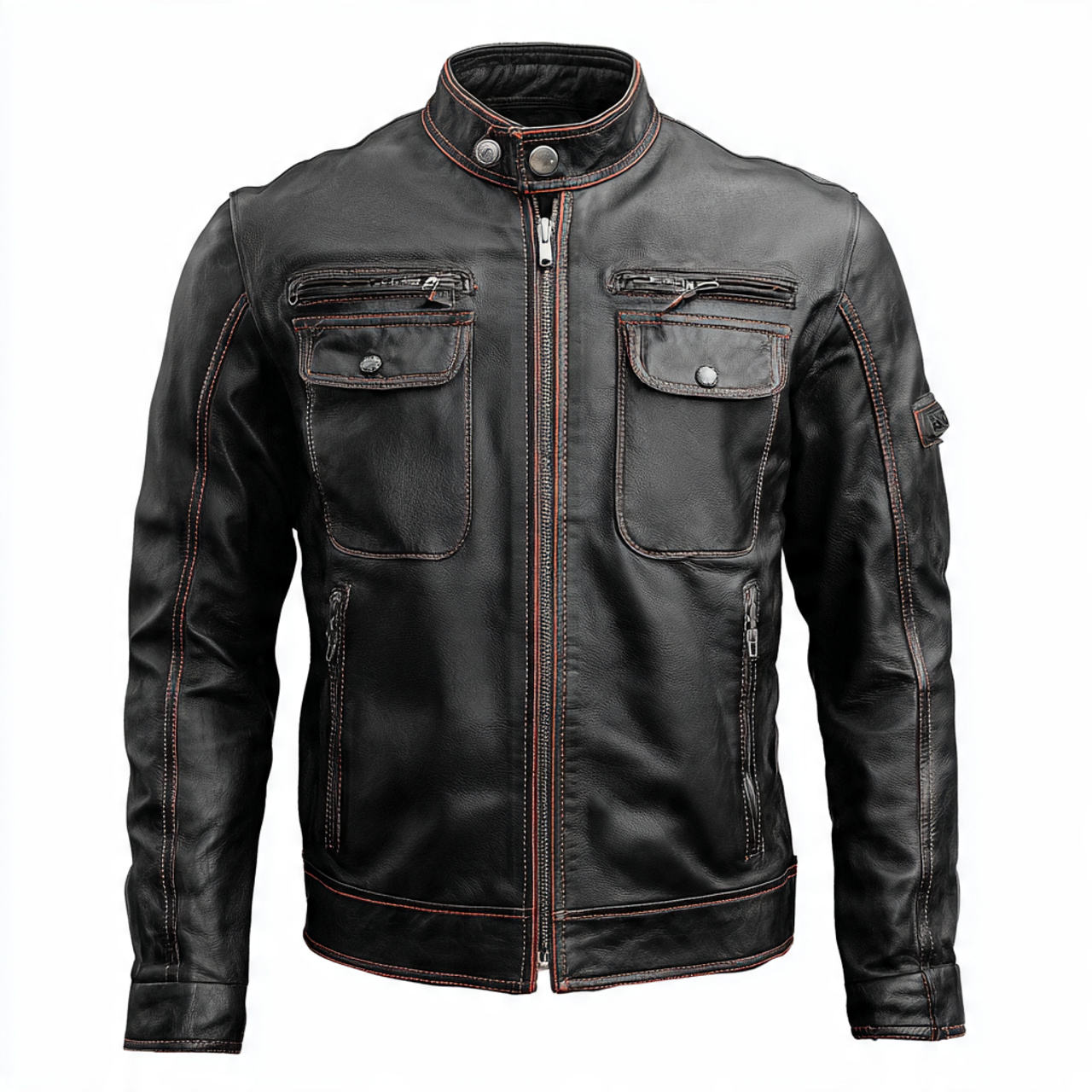 Power Punch Men's Leather Biker Jacket with Chest Pocket and Front Logo Stand Angle 4