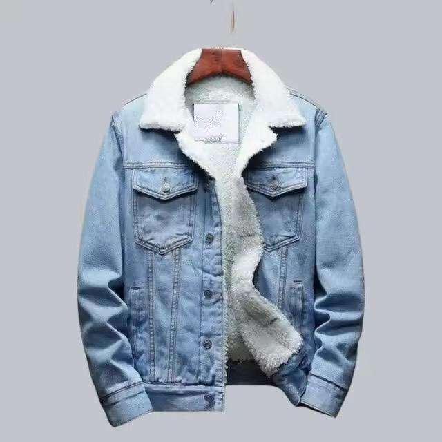 Power Punch Men's Vintage Style Velvet Lamb Wool Denim Jacket with Fur Inside Angle 5