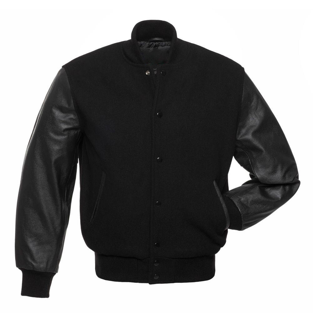 Power Punch Custom Luxury Black Leather Varsity Jacket for Men with Stand Collar