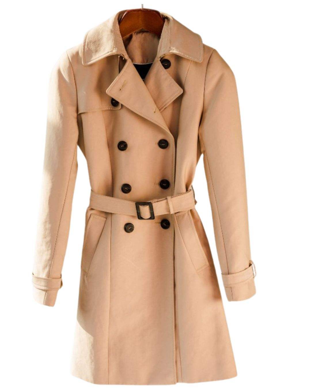 Power Punch Beige Trench Coat Women Classic Double Breasted Long Belted Overcoat