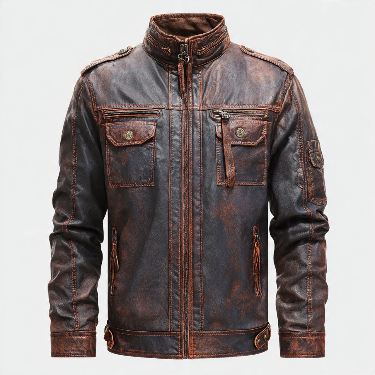 Power Punch Men's Leather Biker Jacket with Chest Pocket and Front Logo Stand Angle 2