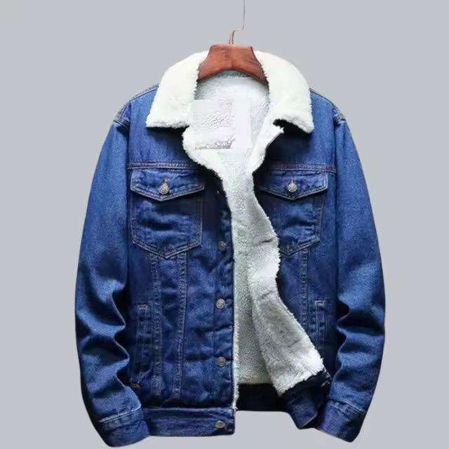 Power Punch Men's Vintage Style Velvet Lamb Wool Denim Jacket with Fur Inside