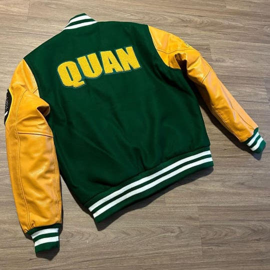 Power Punch Heritage Green Wool & Yellow Cow Leather Varsity Jacket with Custom Patches Angle 2