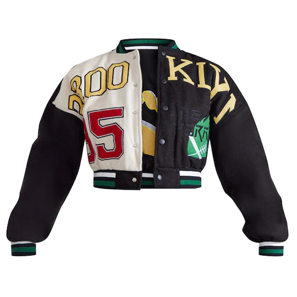 Power Punch Women's Cropped Varsity Jacket with Sheepskin Leather & Chenille Badges Angle 2