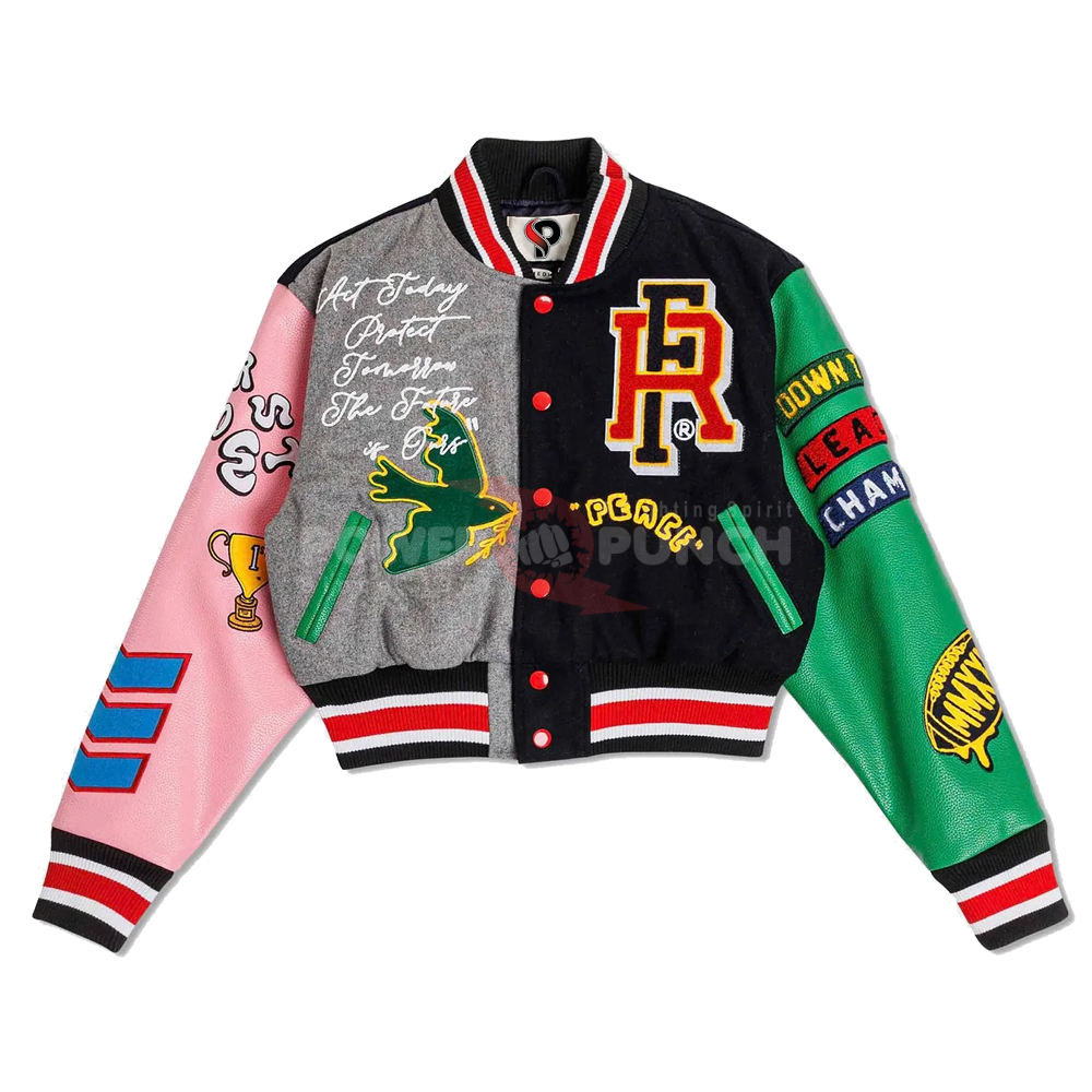 Power Punch Women's Cropped Varsity Jacket with Sheepskin Leather & Chenille Badges Angle 5