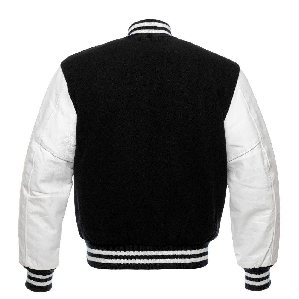 Power Punch Custom Luxury Black Leather Varsity Jacket for Men with Stand Collar Angle 4