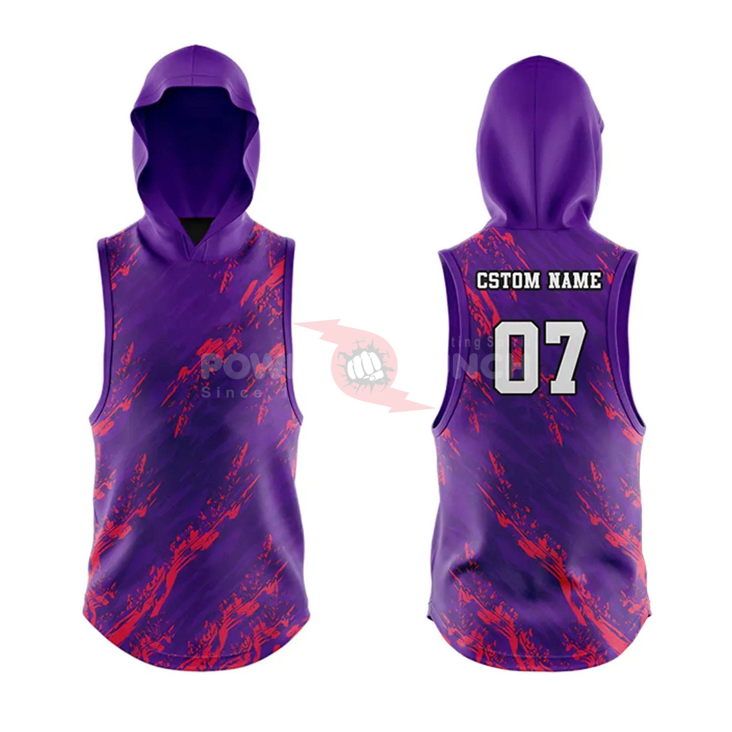 Power Punch Custom 7V7 Football Uniforms Purple Red Print Hooded Sleeveless Jersey With Number - Angle 3