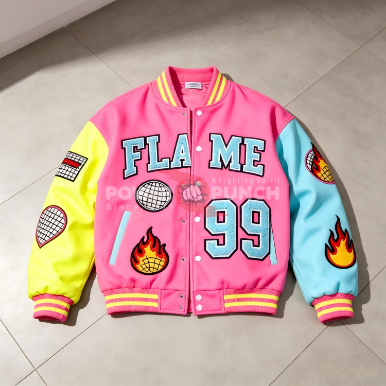 Power Punch Y2K Streetwear Letterman Jacket with Mismatched Sleeves & Chenille Patches