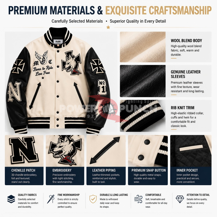 Power Punch Premium OEM/ODM Letterman Varsity Jacket with Full-Grain Leather Sleeves Angle 3