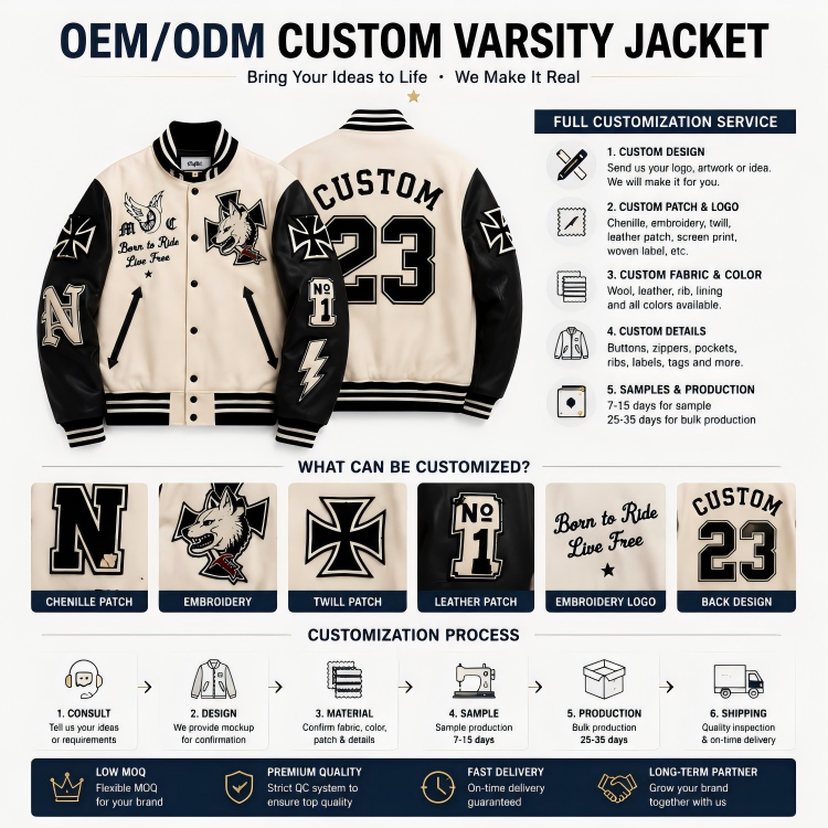 Power Punch Premium OEM/ODM Letterman Varsity Jacket with Full-Grain Leather Sleeves Angle 2