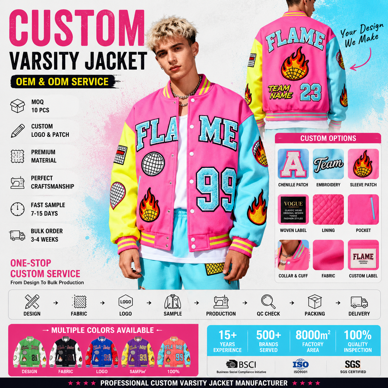 Power Punch Y2K Streetwear Letterman Jacket with Mismatched Sleeves & Chenille Patches Angle 3