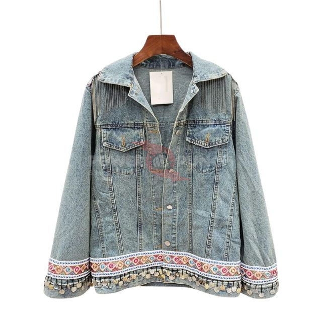 Power Punch Designer Quality Women's Blue Denim Quilted Jacket Y2K Embroidery