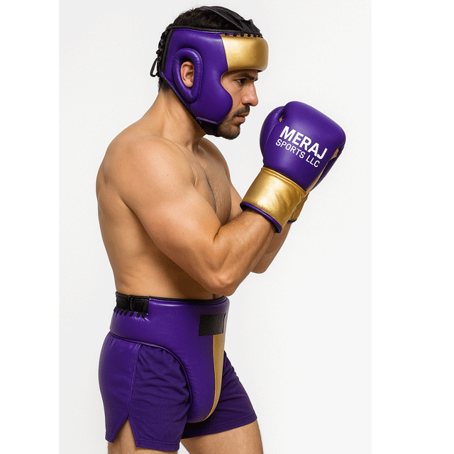 Power Punch Adult Custom Leather Boxing Gear Set Gloves Headgear Head Guard Groin Angle 3