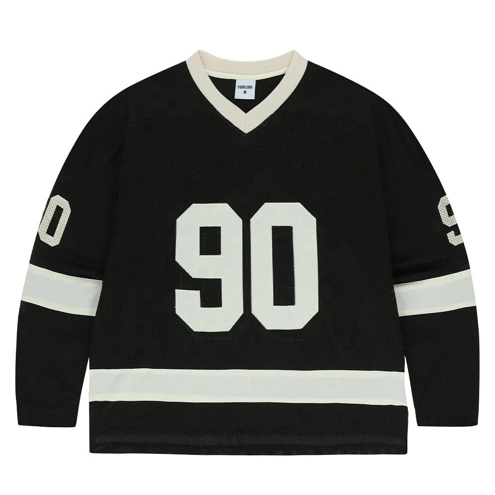 Power Punch Custom Logo Mesh Ice Hockey Jersey Men Black Long Sleeve Oversized Printed Name Num