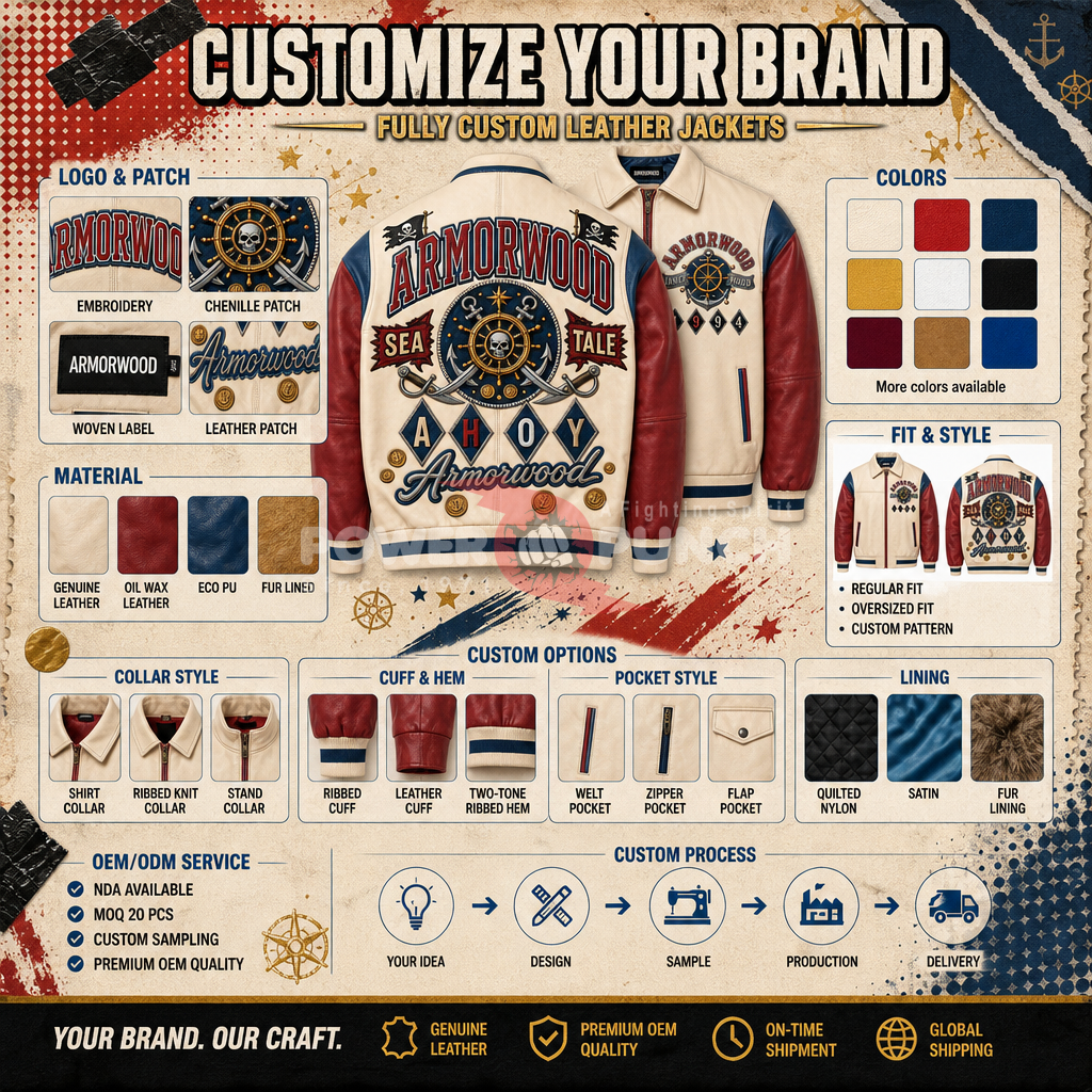 Power Punch Three-Tone Genuine Waxed Leather Varsity Jacket with Applique Patches Angle 4