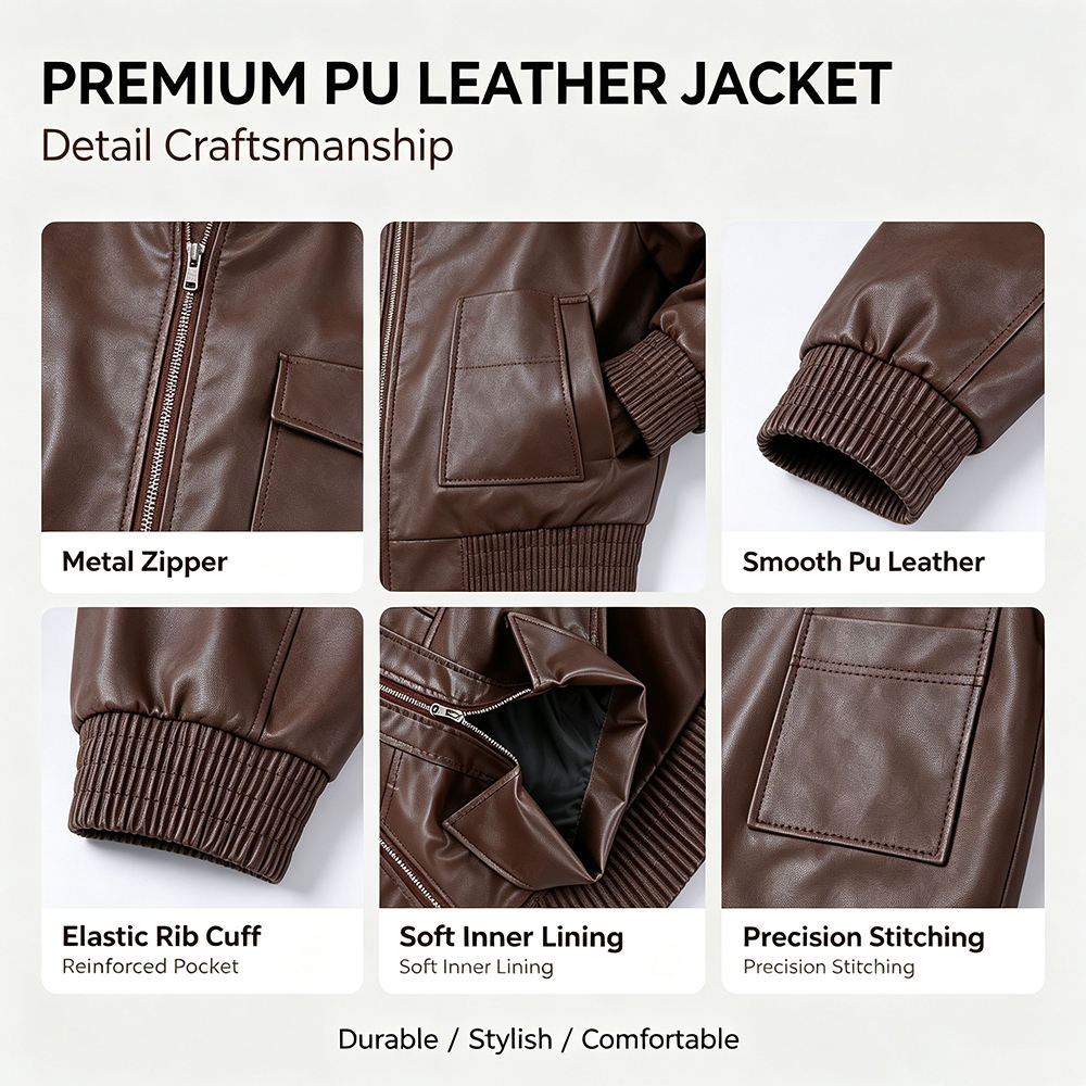 Power Punch Fashion Long Sleeve Loose Fit PU Leather Coat Varsity Biker pilot Jacket Angle 5