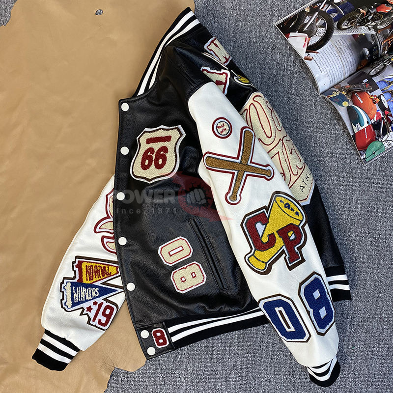 Power Punch Trendy Wool Baseball Bomber Varsity Jacket with Leather Sleeves & Letter Patches