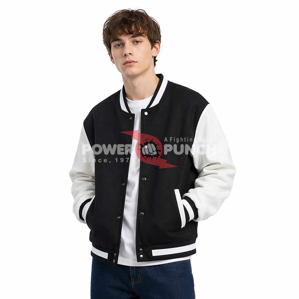 Power Punch 260GSM Polyester Fleece Padded Plain Blank Two Tone Varsity Bomber Jacket Angle 3