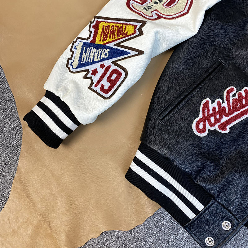 Power Punch Trendy Wool Baseball Bomber Varsity Jacket with Leather Sleeves & Letter Patches Angle 4
