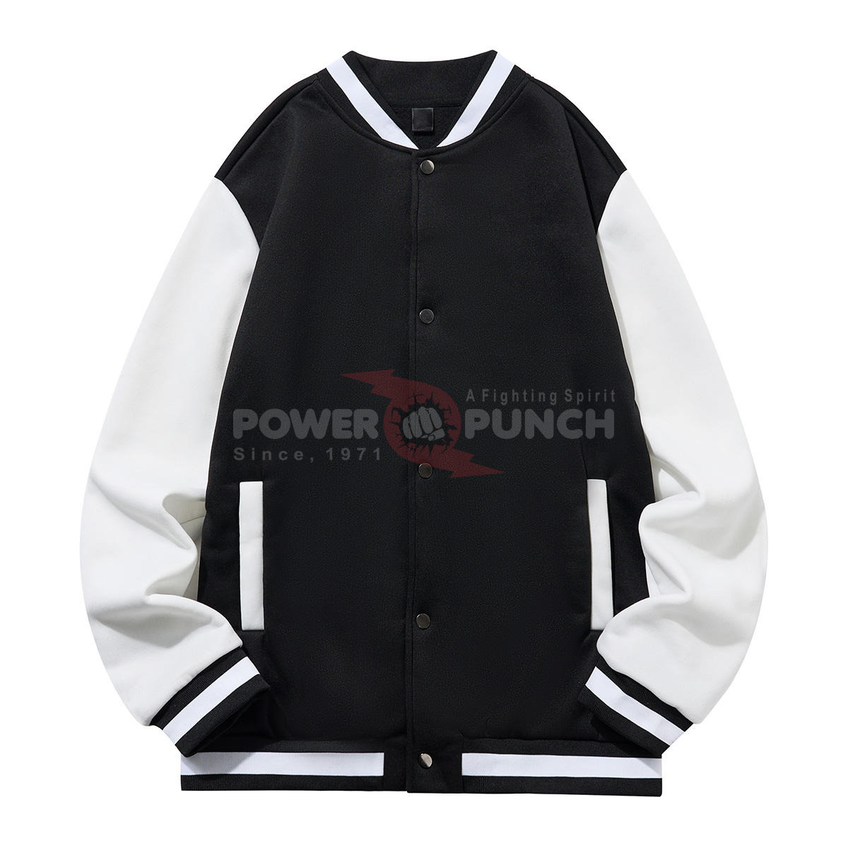Power Punch 260GSM Polyester Fleece Padded Plain Blank Two Tone Varsity Bomber Jacket Angle 2