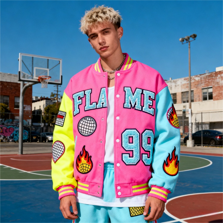 Power Punch Y2K Streetwear Letterman Jacket with Mismatched Sleeves & Chenille Patches Angle 4
