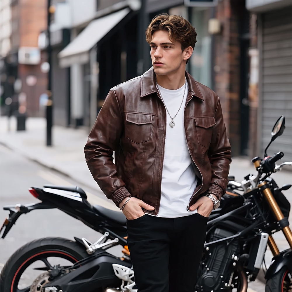 Power Punch Fashion Long Sleeve Loose Fit PU Leather Coat Varsity Biker pilot Jacket Angle 2