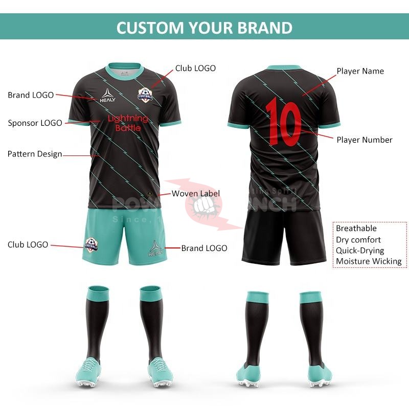 Power Punch High Quality Team Club Soccer Uniforms Football Shirts Two Piece Men Shorts Set Cus - Angle 2
