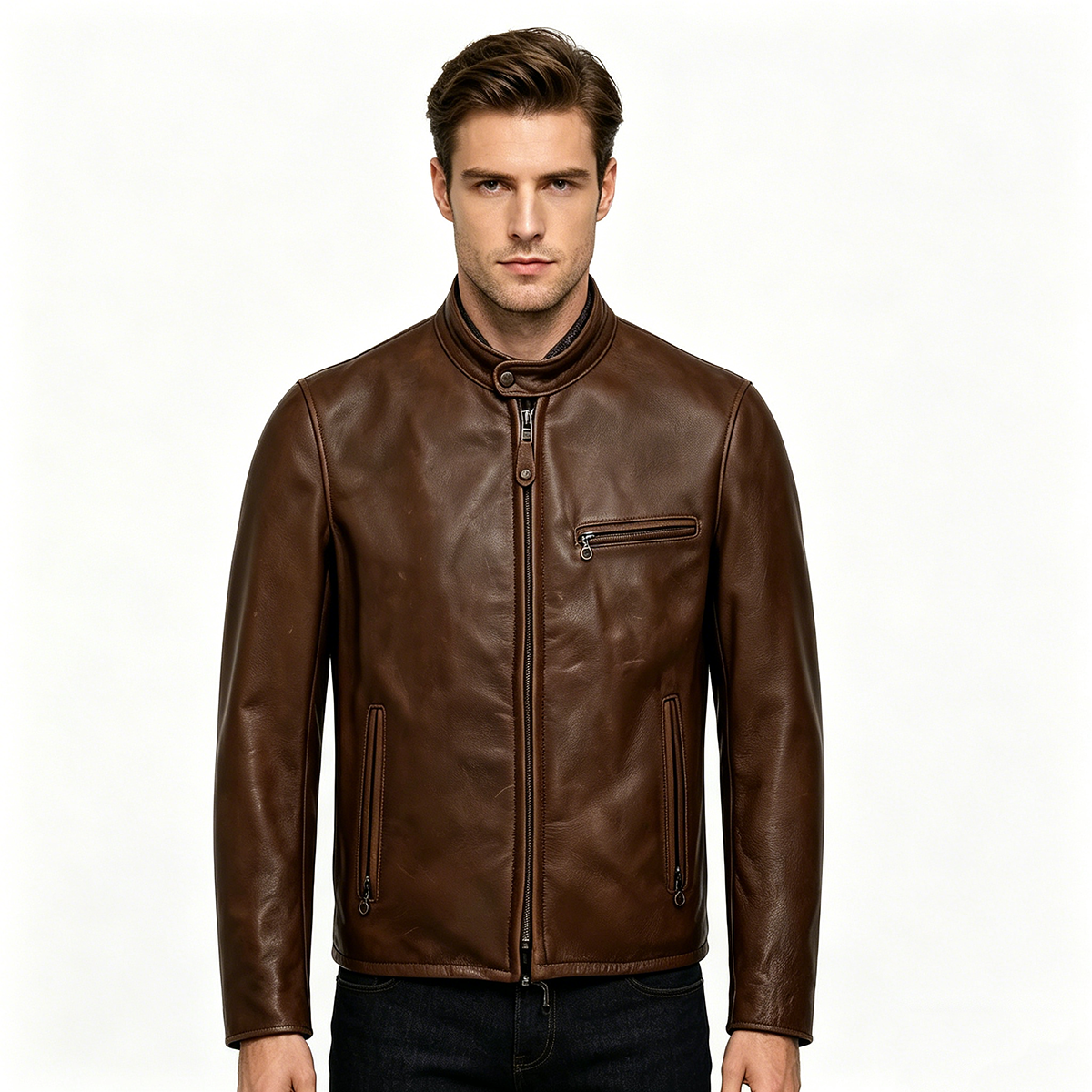 Power Punch Custom Vintage Brown PU Leather Jacket Men Stand Collar Full Zip Cafe